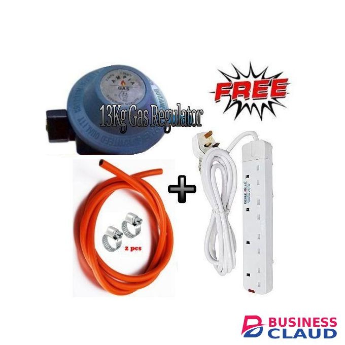 Ampia a Universal 13kg/13 kg Gas Cylinder Regulator For 2/3 Table Top Cooker burner + Free Safety Clips & 2M Gas Delivery tube & Free 4 Way Power Extension Cable
