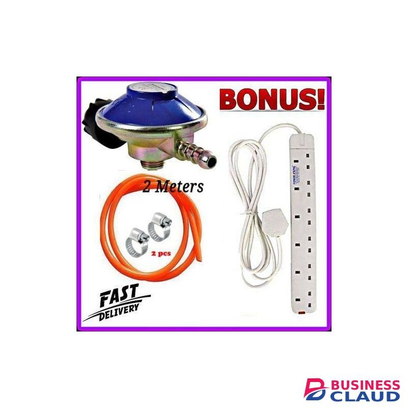 Universal Tabletop Cooker Cooking Appliances Accessories High Pressure Gas Regulator For Cooing Gas Cylinder 6kg Plus FREE GAS Delivery Hose Pipe 2M, Safety Clips Clamps & 6 Way Power Extension Cable Socket