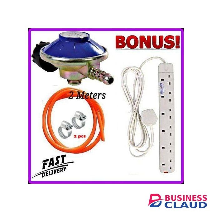 Universal Tabletop Cooker Cooking Appliances Accessories High Pressure Gas Regulator For Cooing Gas Cylinder 6kg Plus FREE GAS Delivery Hose Pipe 2M, Safety Clips Clamps & 6 Way Power Extension Cable Socket