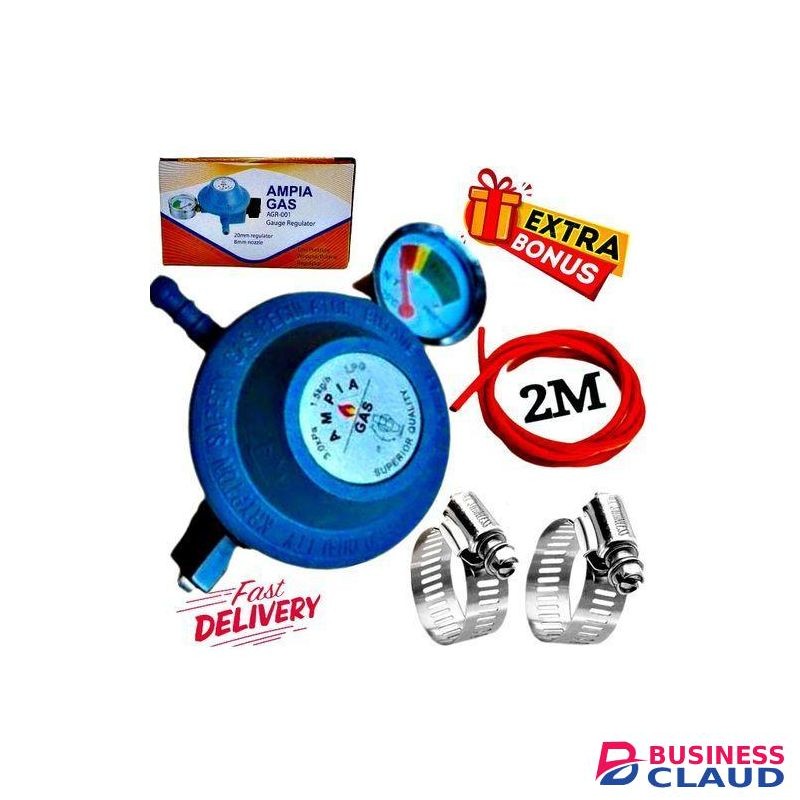 Ampia 13kg Gas Cylinder Regulator for Cooker burner, 2M gas Delivery Pipe & Safety Pipe clips