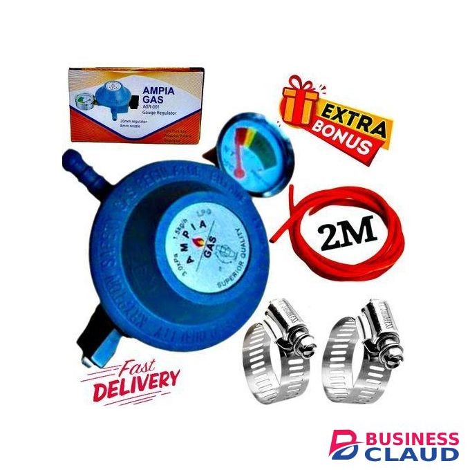 Ampia 13kg Gas Cylinder Regulator for Cooker burner, 2M gas Delivery Pipe & Safety Pipe clips