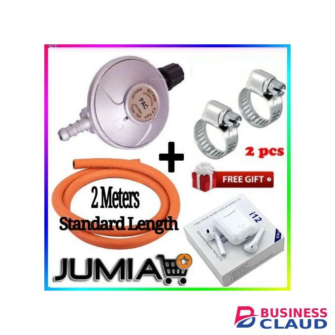 Cosco ADVANCE STANDARD PRESSURE 6KG GAS REGULATOR PLUS FREE GAS DELIVERY HOSE PIPE 2M & SAFETY CLIPS FOR 2 MEKO TABLETOP COOKER BURNER + FREE SMART I12TWS EARBUDS