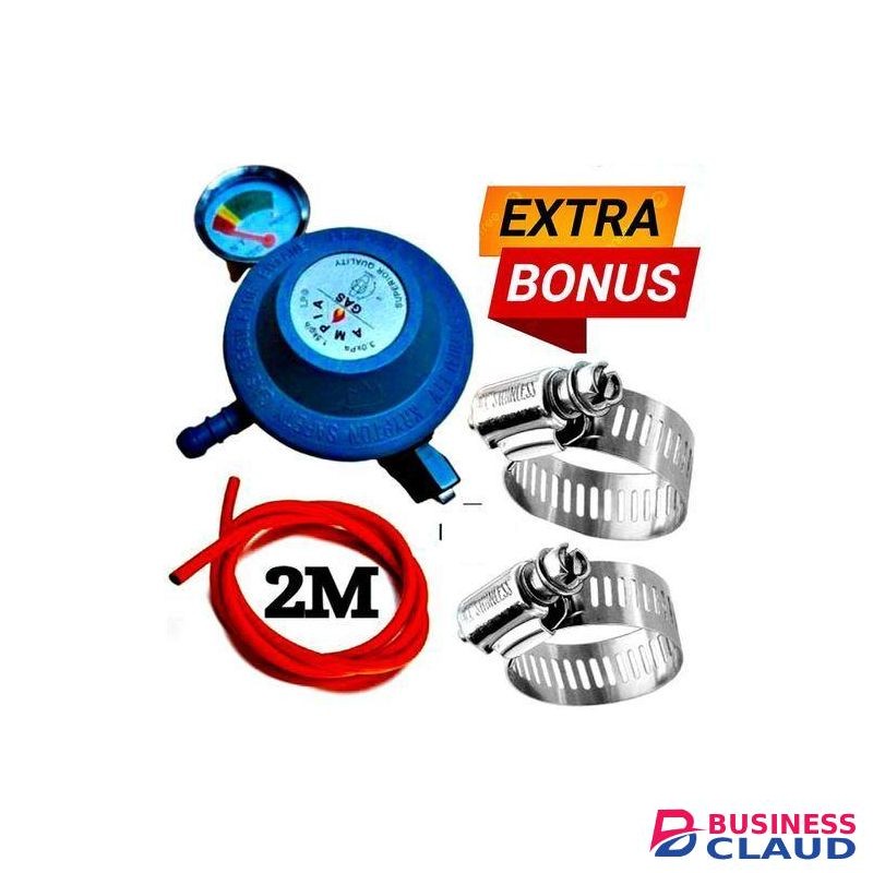 Ampia 13kg Cylinder Gas Regulator for Cooker burner, 2M gas Delivery Pipe & Safety Pipe clips