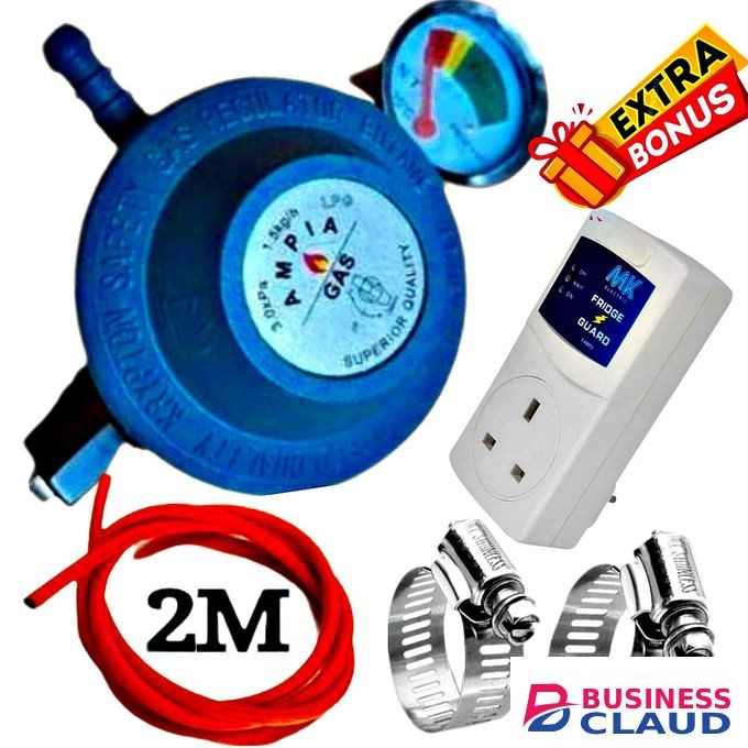 Ampia 13kg Gas Cylinder Regulator for Cooker burner, Fridge, Free Safety Clips & 2M Gas Delivery tube