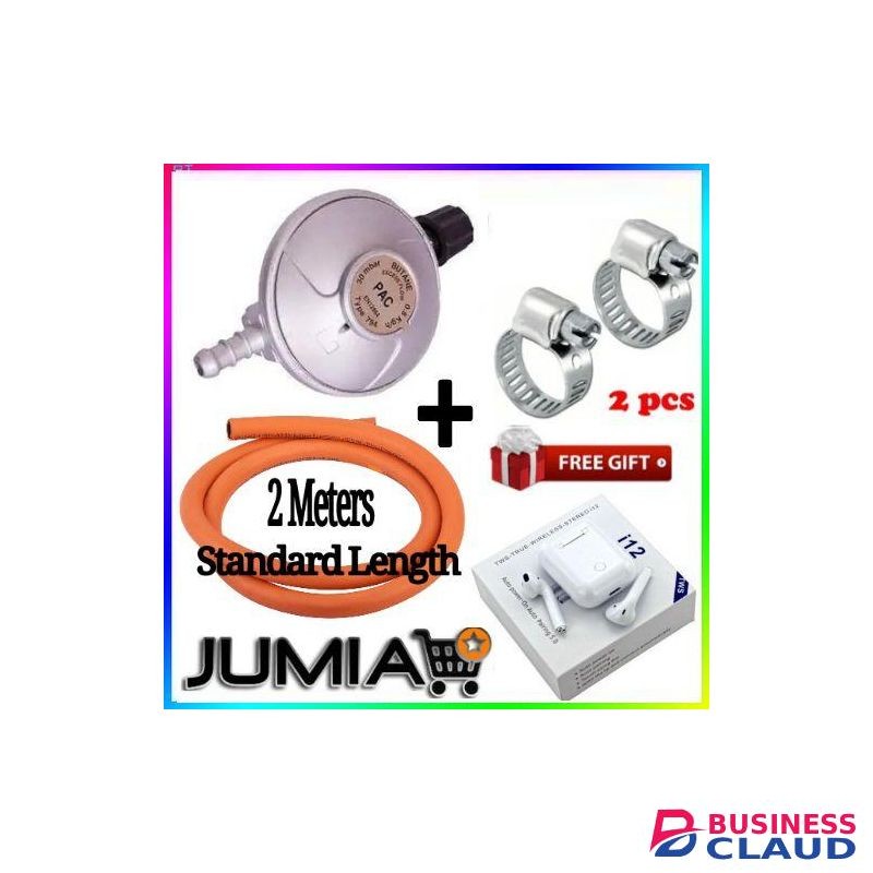 Pac Advance standard High Pressure 6kg Gas Regulator Plus FREE Gas Delivery Hose Pipe 2M & Safety Clips For 2 Meko Tabletop Cooker burner + Free Earbuds i12TWS