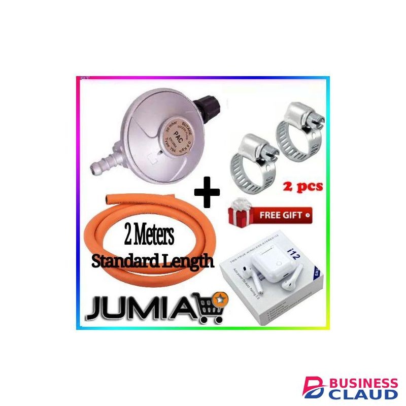 Pac Advance standard Pressure 6kg Gas Regulator Plus FREE Gas Delivery Hose Pipe 2M & Safety Clips For 2 Meko Tabletop Cooker burner + Free Smart i12TWS Earbuds