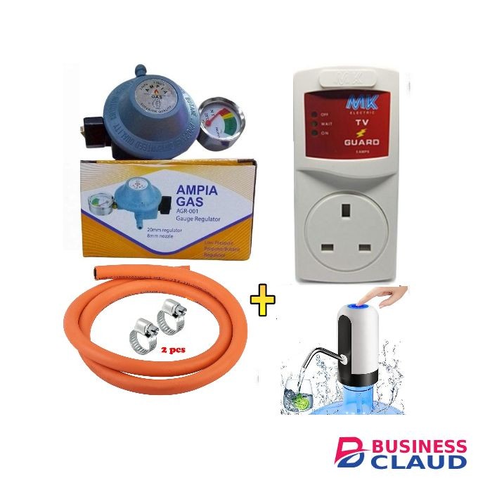 Ampia Advance standard Pressure 13kg Gas Regulator Plus FREE Gas Delivery Hose Pipe 2M & Safety Clips For 2 Meko Tabletop Cooker burner + Free 20L Dinning table Water Dispenser Pump & Tv Guard