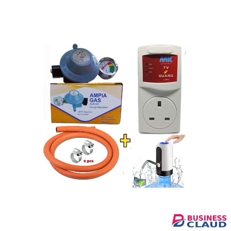 Ampia Advance standard Pressure 13kg Gas Regulator Plus FREE Gas Delivery Hose Pipe 2M & Safety Clips For 2 Meko Tabletop Cooker burner + Free 20L Dinning table Water Dispenser Pump & Tv Guard
