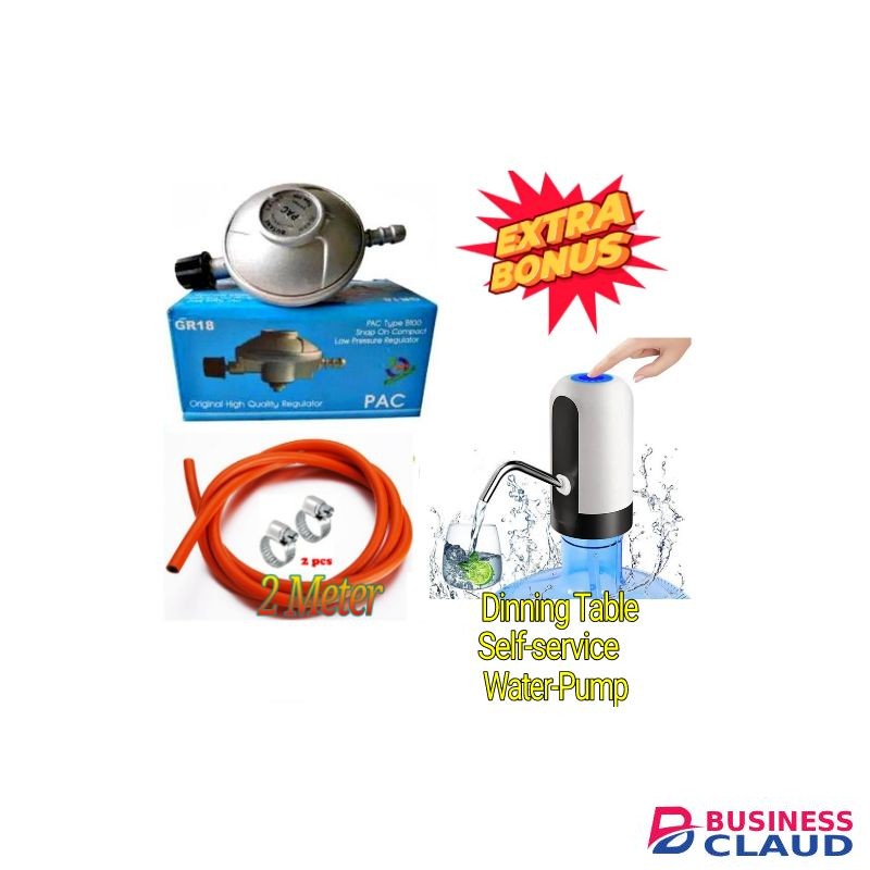 Pac Advance standard Pressure 6kg Gas Regulator Plus FREE Gas Delivery Hose Pipe 2M & Safety Clips For 2 Meko Tabletop Cooker burner + Free Electric Water Dispenser Pump
