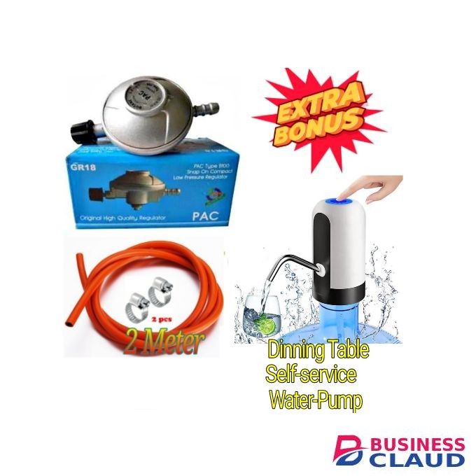 Pac Advance standard Pressure 6kg Gas Regulator Plus FREE Gas Delivery Hose Pipe 2M & Safety Clips For 2 Meko Tabletop Cooker burner + Free Electric Water Dispenser Pump
