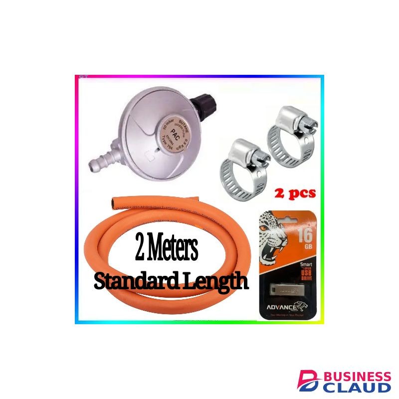 Pac Advance standard Pressure 6kg Gas Regulator Plus FREE Gas Delivery Hose Pipe 2M & Safety Clips For 2 Meko Tabletop Cooker burner + Free Smart 16GB Flash Disk