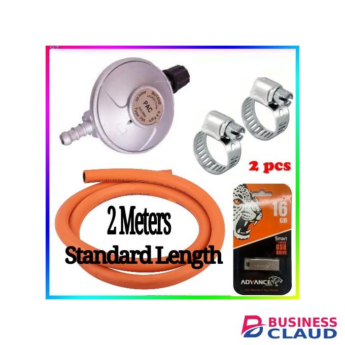 Pac Advance standard Pressure 6kg Gas Regulator Plus FREE Gas Delivery Hose Pipe 2M & Safety Clips For 2 Meko Tabletop Cooker burner + Free Smart 16GB Flash Disk