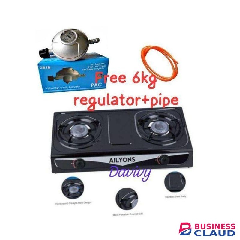 AILYONS Lyns B Table Top Stainless Steel 2 Burner Gas Cooker Plus 6kg Regulator And Pipe