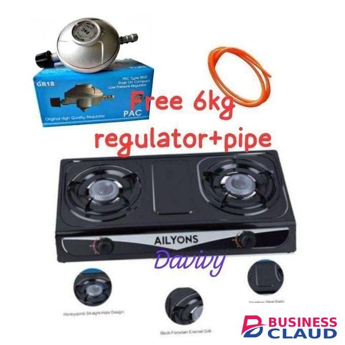 AILYONS Lyns B Table Top Stainless Steel 2 Burner Gas Cooker Plus 6kg Regulator And Pipe