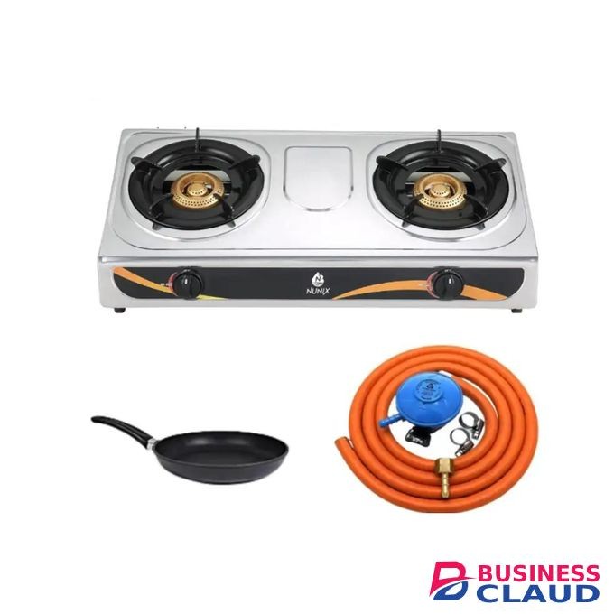 Nunix 2 burner Gas cooker + Free pipe and regulator + a nonstick pan