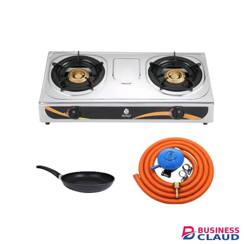 Nunix 2 burner Gas cooker + Free pipe and regulator + a nonstick pan