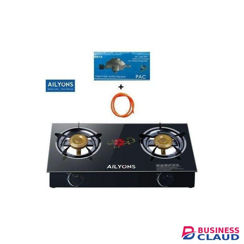 AILYONS GS014-4, 2 Burner Glass Top Gas Cooker & Infrared Double Burner, with free gifts (1YR WRTY)
