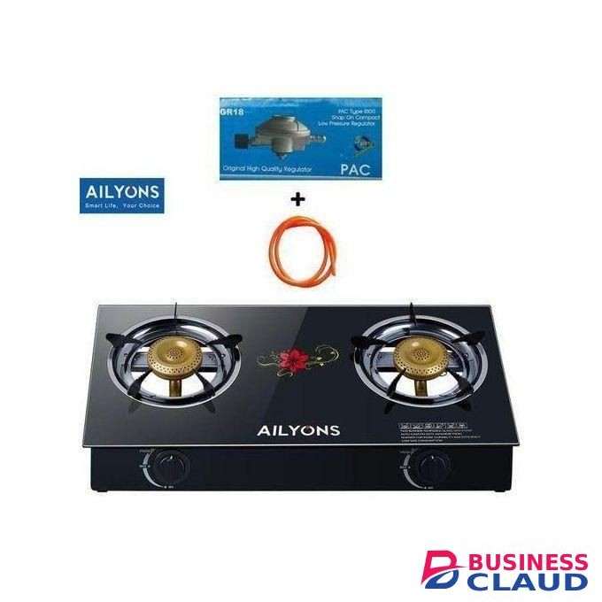 AILYONS GS014-4, 2 Burner Glass Top Gas Cooker & Infrared Double Burner, with free gifts (1YR WRTY)