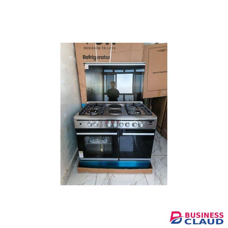 Haier 60×90 Cooker, 4 Gas Burner(1 WOK) + 2 Electric Hot Plates, Gas Sensor, fan & Gas Cylinder Storage