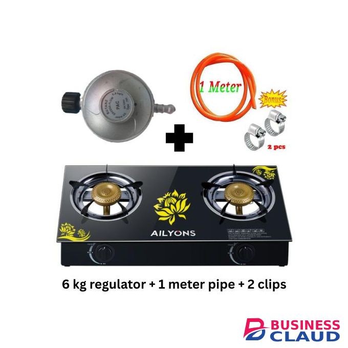 AILYONS Glass Top Gas Cooker Double Burner with 6kg Regulator, 1 Meter pipe and clips GS014-5-6KG