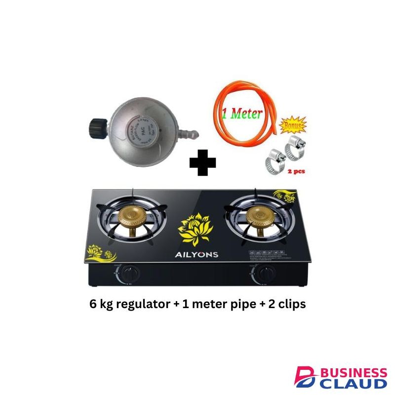AILYONS Glass Top Gas Cooker Double Burner with 6kg Regulator, 1 Meter pipe and clips GS014-5-6KG