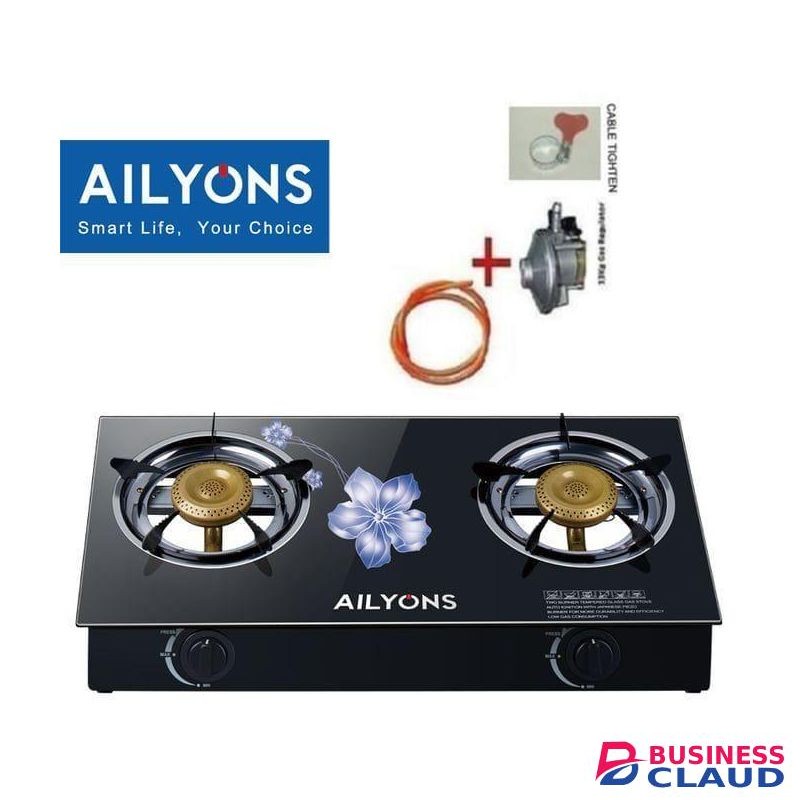 AILYONS Gas Efficient 2 Burner - Glass Top Gas Stove 2 Burner +Gas Pipe 2 Metres And 6kgRegulator