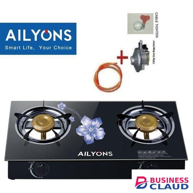 AILYONS Gas Efficient 2 Burner - Glass Top Gas Stove 2 Burner +Gas Pipe 2 Metres And 6kgRegulator
