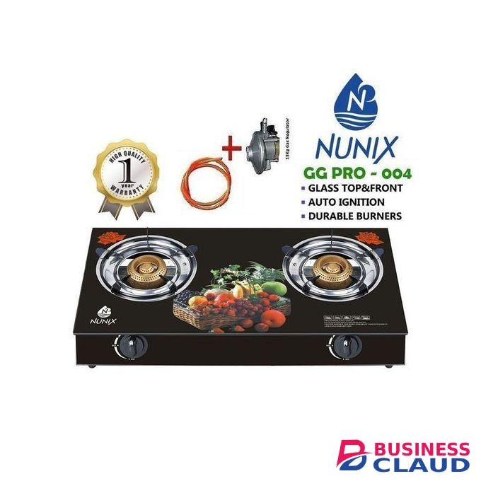 Nunix Glass Table TOP Burner Gas Stove + Pipe & Regulator