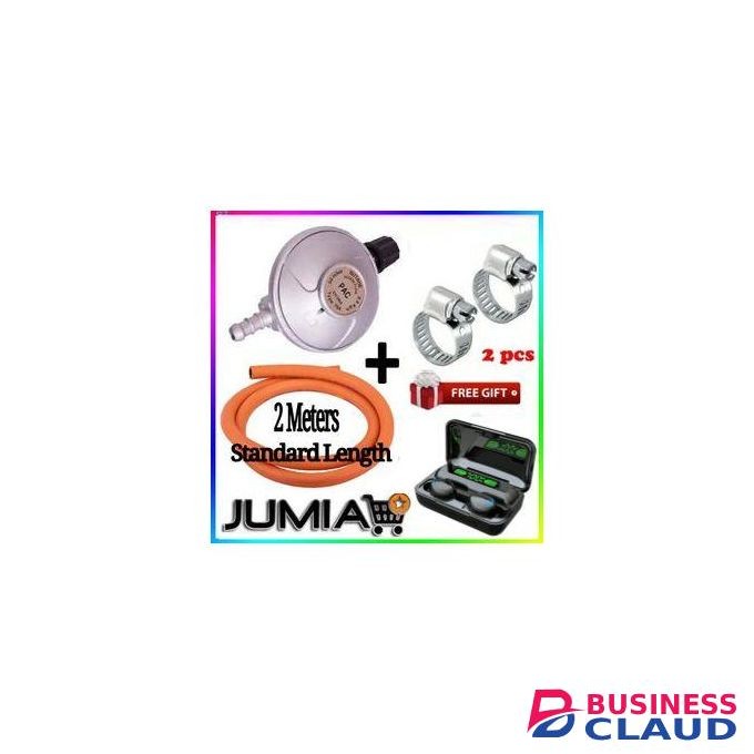 Pac SAFE & LONG LASTING 6KG GAS REGULATOR FOR MEKO COOKERS + FREE 2M PIPE, SAFETY CLIPS & BONUS F9 BLUETOOTH EARBUDS – DURABLE HOME GAS BUNDLE