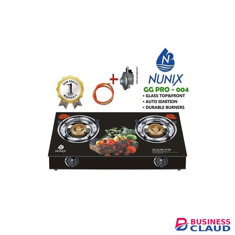Nunix Glass Double Burner Gas Stove + 2M Pipe & 13kg Regulator