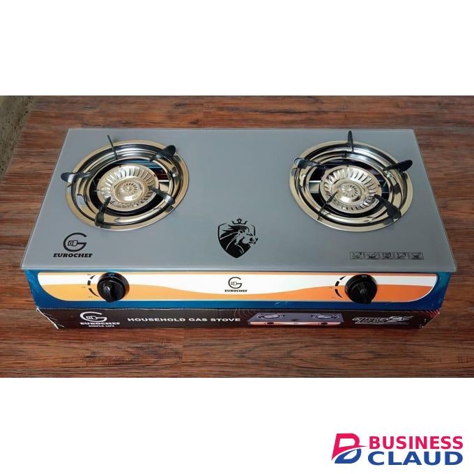 EUROCHEF Double Burner Gas Stove with Tempered Glass Top Manual Ignition