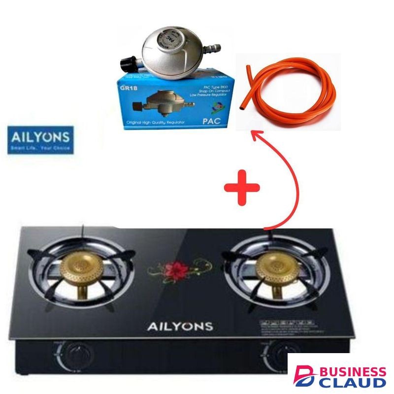 AILYONS Sleek Table Top Double Burner Gas Stove Plus Free Gas Regulator and Pipe