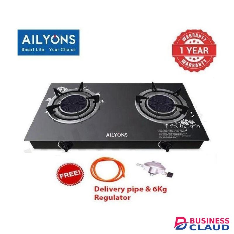 AILYONS Glass Table Top Double Burner Gas Stove -Black plus 6kg regulator and 1.5m pipe
