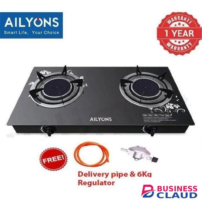 AILYONS Glass Table Top Double Burner Gas Stove -Black plus 6kg regulator and 1.5m pipe