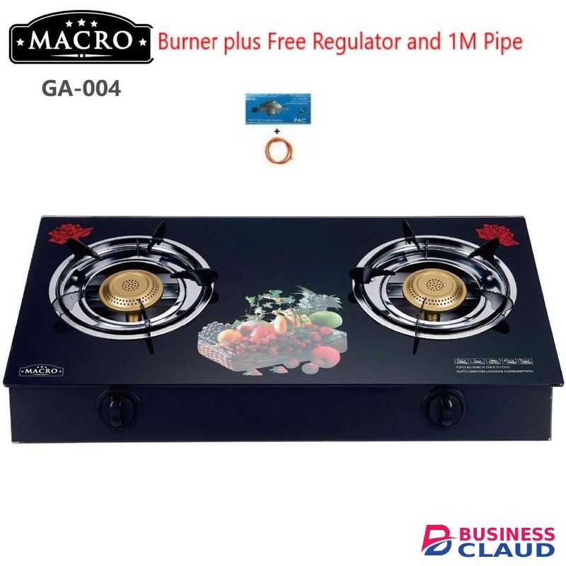 Macro Glass Top 2 Burners Gas Stove with 6KG Regulator and 1M Pipe