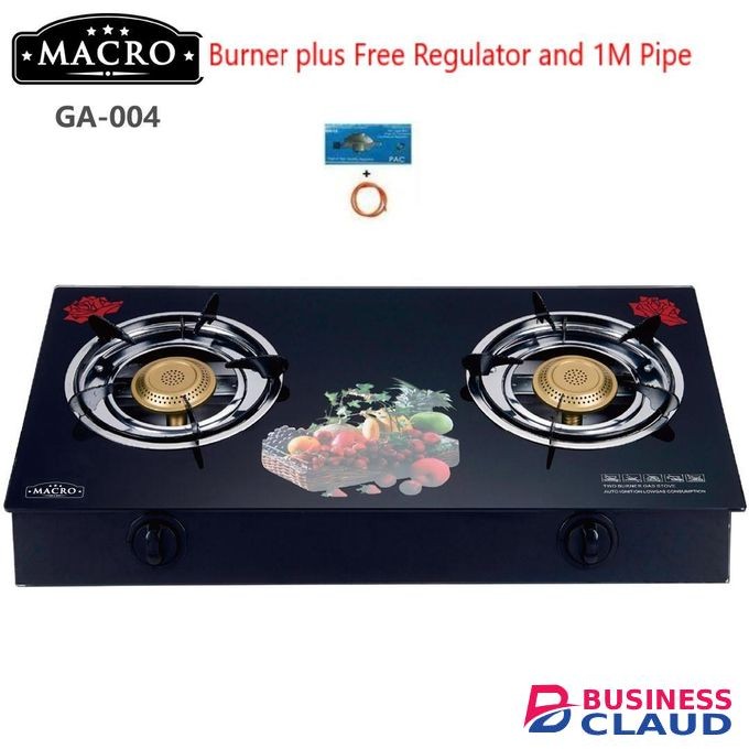 Macro Glass Top 2 Burners Gas Stove with 6KG Regulator and 1M Pipe