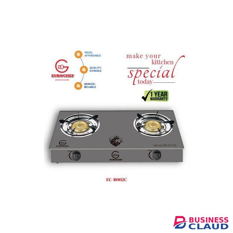 Eurochef Glass Table Top Double Burner Gas Stove + Pipe + 13kg Regulator + Tighten