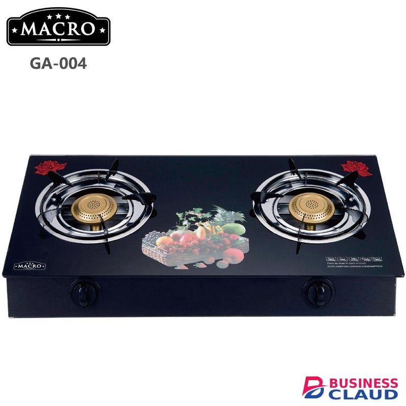 Macro Glass Top 2 Burners Gas Stove with 13KG Regulator and 1M Pipe