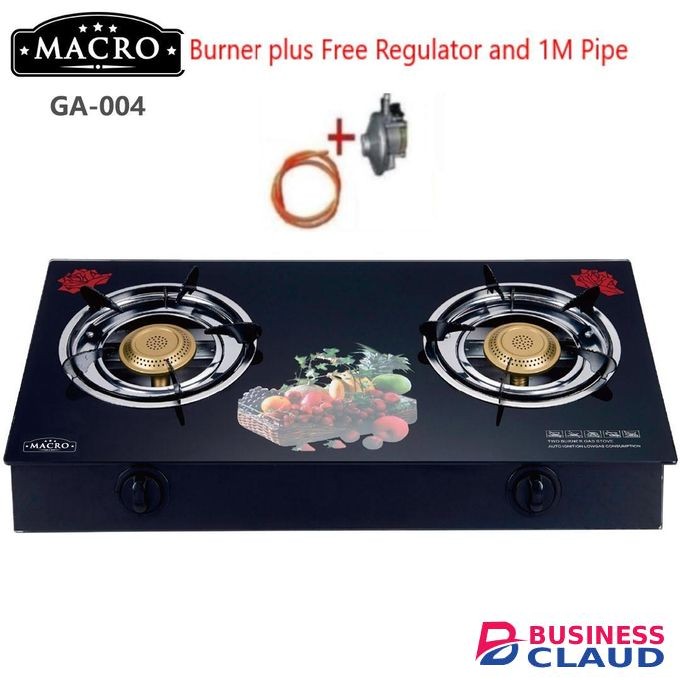 Macro Glass Top 2 Burners Gas Stove with 13KG Regulator and 1M Pipe