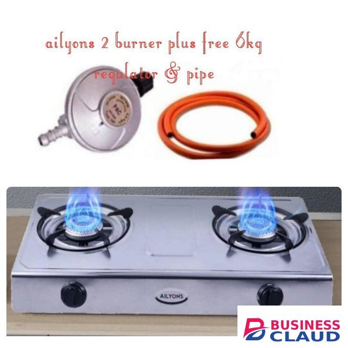 AILYONS AUTOMATIC Table Top Stainless Steel 2 Burner Gas Cooker Plus 6kg Regulator And Pipe