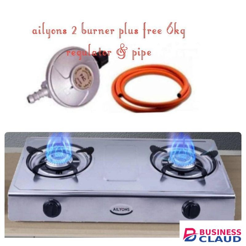 AILYONS AUTOMATIC Table Top Stainless Steel 2 Burner Gas Cooker Plus 6kg Regulator And Pipe