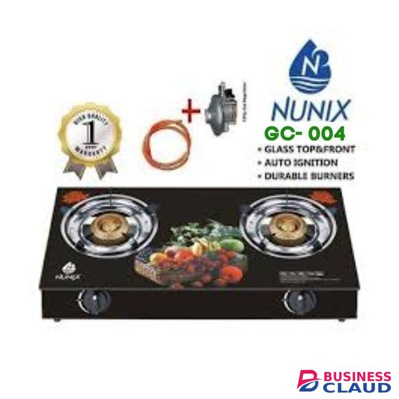Nunix 2-Burner Glass Tabletop Gas Cooker with FREE Pipe & 13kg Regulator
