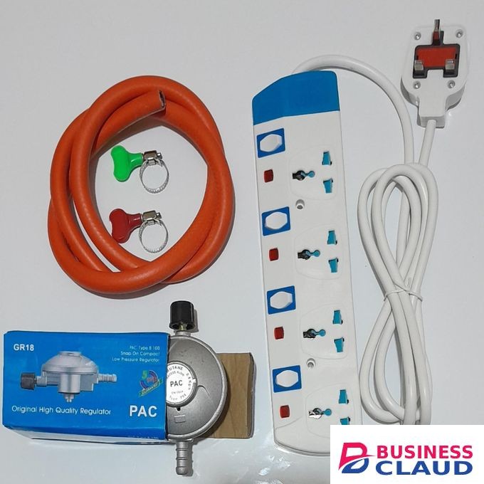 Pac Universal Gas Regulator for 6kg Gas Cylinder For 2 Meko Tabletop Cookers & Pipe 2M & Safety Plus 4 Way Power Extension Cable Clips