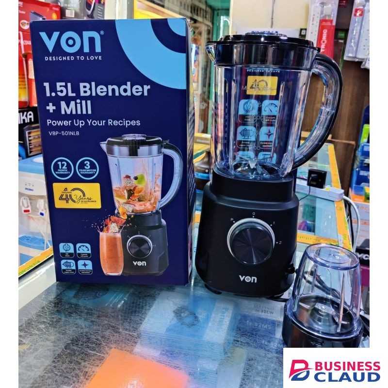 VON Von-2 in 1 Blender 500W with 1.2L Jar, Powerful Electric Mixer Grinder for Smoothies, Shakes, Juices, Food Processing, Easy Cleaning, Compact Kitchen Appliance