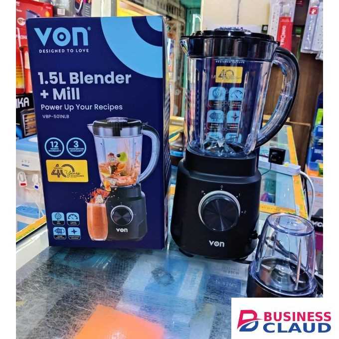 VON Von-2 in 1 Blender 500W with 1.2L Jar, Powerful Electric Mixer Grinder for Smoothies, Shakes, Juices, Food Processing, Easy Cleaning, Compact Kitchen Appliance