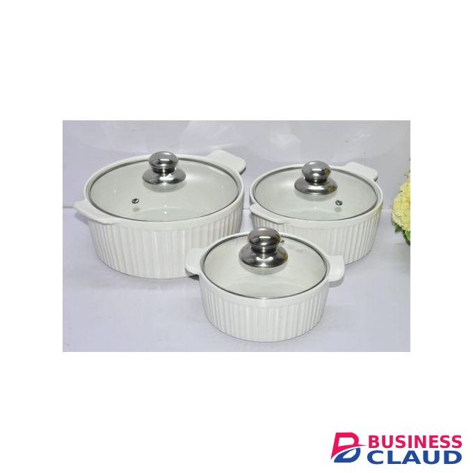 3pcs elegant ceramic casserole serving dish with glass Cover-3ltres,2ltrs,1.5ltr White