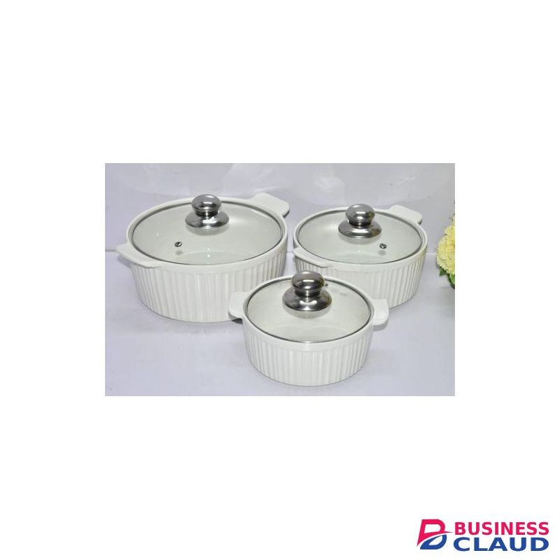 3pcs elegant ceramic casserole serving dish with glass Cover-3ltres,2ltrs,1.5ltr White