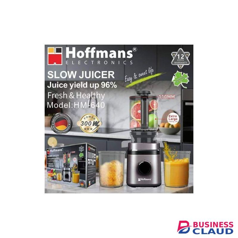 Hoffmans Heavy duty 300W Cold Press Juicer with 110mm Extra Wide Feed Chute - Slow Masticating Juicer Machine for Whole Fruits & Vegetables - High Juice Yield, Self Feeding, Easy to Clean & Assemble with Reverse Function Quiet Motor Fresh Healthy Juice Ex