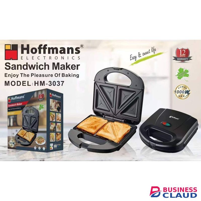 Hoffmans 2-Slice Sandwich Maker 1000W – Fixed Non-Stick Plates, Cool-Touch Body, Thermostat with Indicator Lights, Compact Design, PFOA-Free Coating