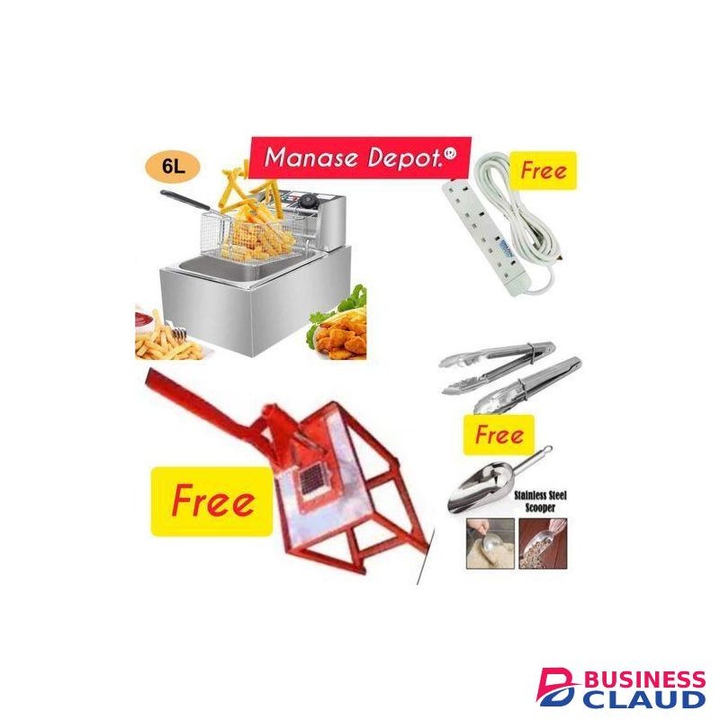 ElectroMate 6 Litres Stainless Steel Electric Deep Fryer – 6L Single Tank /Energy Efficient + FREE Chips Cutter, 4-Way Power Extension, Tongs & Scooper